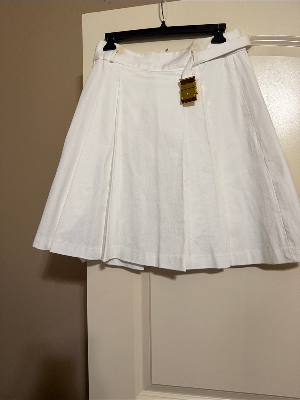 MICHAEL Michael Kors White Pleated Circle Skirt with Belt Detail